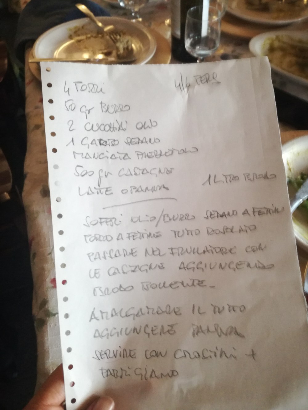 La ricetta scritta a penna dallo Chef dell'agriturismo Bon Prà